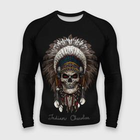 Мужской рашгард 3D с принтом Череп с роучем в Курске,  |  | cherokee | culture | ethnic | feathers | indian | national | navajo | roach | skeleton | skull | traditional | индеец | культура | навахо | национальный | перья | роуч | скелет | традиционный | череп | чероки | этнический