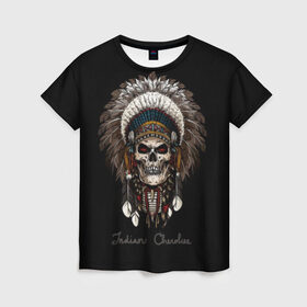 Женская футболка 3D с принтом Череп с роучем в Курске, 100% полиэфир ( синтетическое хлопкоподобное полотно) | прямой крой, круглый вырез горловины, длина до линии бедер | cherokee | culture | ethnic | feathers | indian | national | navajo | roach | skeleton | skull | traditional | индеец | культура | навахо | национальный | перья | роуч | скелет | традиционный | череп | чероки | этнический