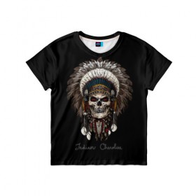 Детская футболка 3D с принтом Череп с роучем в Курске, 100% гипоаллергенный полиэфир | прямой крой, круглый вырез горловины, длина до линии бедер, чуть спущенное плечо, ткань немного тянется | Тематика изображения на принте: cherokee | culture | ethnic | feathers | indian | national | navajo | roach | skeleton | skull | traditional | индеец | культура | навахо | национальный | перья | роуч | скелет | традиционный | череп | чероки | этнический