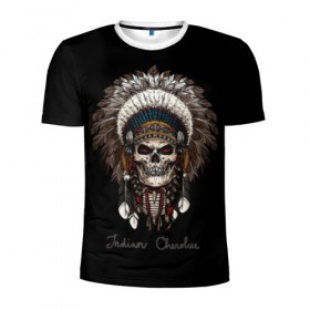 Мужская футболка 3D спортивная с принтом Череп с роучем в Курске, 100% полиэстер с улучшенными характеристиками | приталенный силуэт, круглая горловина, широкие плечи, сужается к линии бедра | cherokee | culture | ethnic | feathers | indian | national | navajo | roach | skeleton | skull | traditional | индеец | культура | навахо | национальный | перья | роуч | скелет | традиционный | череп | чероки | этнический