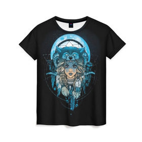 Женская футболка 3D с принтом Индеанка с волком в Курске, 100% полиэфир ( синтетическое хлопкоподобное полотно) | прямой крой, круглый вырез горловины, длина до линии бедер | 