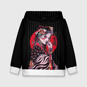 Детская толстовка 3D с принтом Гейша в Курске, 100% полиэстер | двухслойный капюшон со шнурком для регулировки, мягкие манжеты на рукавах и по низу толстовки, спереди карман-кенгуру с мягким внутренним слоем | Тематика изображения на принте: beauty | black | bright | character | cool | decorations | flowers | geisha | girl | hairstyle | japan | kimon | lines | red | stripes | woman | young | девушка | женщина | иероглиф | кимоно | красный | красотка | круто | линии | молодая | полосы 