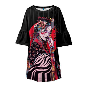 Детское платье 3D с принтом Гейша в Курске, 100% полиэстер | прямой силуэт, чуть расширенный к низу. Круглая горловина, на рукавах — воланы | beauty | black | bright | character | cool | decorations | flowers | geisha | girl | hairstyle | japan | kimon | lines | red | stripes | woman | young | девушка | женщина | иероглиф | кимоно | красный | красотка | круто | линии | молодая | полосы 