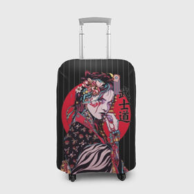 Чехол для чемодана 3D с принтом Гейша в Курске, 86% полиэфир, 14% спандекс | двустороннее нанесение принта, прорези для ручек и колес | beauty | black | bright | character | cool | decorations | flowers | geisha | girl | hairstyle | japan | kimon | lines | red | stripes | woman | young | девушка | женщина | иероглиф | кимоно | красный | красотка | круто | линии | молодая | полосы 