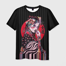 Мужская футболка 3D с принтом Гейша в Курске, 100% полиэфир | прямой крой, круглый вырез горловины, длина до линии бедер | beauty | black | bright | character | cool | decorations | flowers | geisha | girl | hairstyle | japan | kimon | lines | red | stripes | woman | young | девушка | женщина | иероглиф | кимоно | красный | красотка | круто | линии | молодая | полосы 