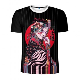 Мужская футболка 3D спортивная с принтом Гейша в Курске, 100% полиэстер с улучшенными характеристиками | приталенный силуэт, круглая горловина, широкие плечи, сужается к линии бедра | Тематика изображения на принте: beauty | black | bright | character | cool | decorations | flowers | geisha | girl | hairstyle | japan | kimon | lines | red | stripes | woman | young | девушка | женщина | иероглиф | кимоно | красный | красотка | круто | линии | молодая | полосы 