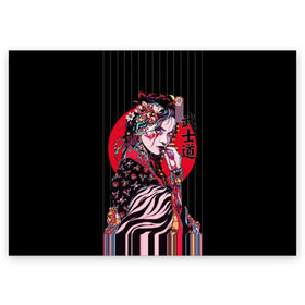 Поздравительная открытка с принтом Гейша в Курске, 100% бумага | плотность бумаги 280 г/м2, матовая, на обратной стороне линовка и место для марки
 | beauty | black | bright | character | cool | decorations | flowers | geisha | girl | hairstyle | japan | kimon | lines | red | stripes | woman | young | девушка | женщина | иероглиф | кимоно | красный | красотка | круто | линии | молодая | полосы 
