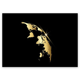 Поздравительная открытка с принтом Золотая планета в Курске, 100% бумага | плотность бумаги 280 г/м2, матовая, на обратной стороне линовка и место для марки
 | Тематика изображения на принте: black | continent | earth | gold | map | planet | radiance | ray | world | земля | золото | карта | континент | луч | материк | мир | планета | сияние | черный