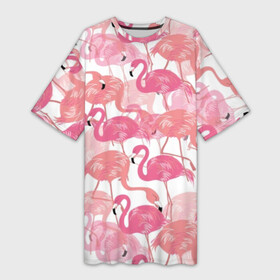 Платье-футболка 3D с принтом Фламинго в Курске,  |  | abstraction | beak | bird | coral | fauna | feathers | flamingo | flora | happiness | jungle | leaves | nature | pink | tropical | tropics | white | абстракция | белый | джунгли | клюв | коралловый | листья | перья | природа | птица | розовый | счастье | 