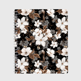 Тетрадь с принтом Белые цветы в Курске, 100% бумага | 48 листов, плотность листов — 60 г/м2, плотность картонной обложки — 250 г/м2. Листы скреплены сбоку удобной пружинной спиралью. Уголки страниц и обложки скругленные. Цвет линий — светло-серый
 | black | bud | cute | flora | flowers | golden | leaves | plant | romance | spring | tenderness | white | yellow | белый | бутон | весна | желтый | золотой | листья | мило | нежность | растение | романтика | флора | цветы | черный