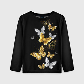 Детский лонгслив 3D с принтом Золотые бабочки в Курске, 100% полиэстер | длинные рукава, круглый вырез горловины, полуприлегающий силуэт
 | Тематика изображения на принте: airy | black | butterfly | cool | cute | flight | flit | gold | insect | magical | white | wings | yellow | бабочка | белый | воздушный | волшебный | желтый | золото | крылья | милый | насекомое | полёт | порхать | прикольный | черный