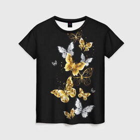 Женская футболка 3D с принтом Золотые бабочки в Курске, 100% полиэфир ( синтетическое хлопкоподобное полотно) | прямой крой, круглый вырез горловины, длина до линии бедер | Тематика изображения на принте: airy | black | butterfly | cool | cute | flight | flit | gold | insect | magical | white | wings | yellow | бабочка | белый | воздушный | волшебный | желтый | золото | крылья | милый | насекомое | полёт | порхать | прикольный | черный