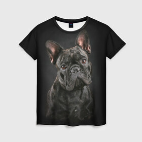Женская футболка 3D с принтом Французский бульдог в Курске, 100% полиэфир ( синтетическое хлопкоподобное полотно) | прямой крой, круглый вырез горловины, длина до линии бедер | animal | background | beast | black | breed | bulldog | cool | cute | dog | ears | french | jaw | look | muzzle | portrait | wool | бульдог | взгляд | животное | зверь | милый | пёс | порода | портрет | прикольно | псина | собака | уши | фон | фра