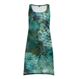Платье-майка 3D с принтом Чешуя русалки в Курске, 100% полиэстер | полуприлегающий силуэт, широкие бретели, круглый вырез горловины, удлиненный подол сзади. | blue | color | fish | gray | green | mermaid | neyad | pattern | scales | sea | siren | skin | turquoise | wallpaper | water | бирюзовый | вода | зеленый | кожа | море | неяда | обои | паттерн | русалка | рыба | серый | сирена | цвет | чешуя