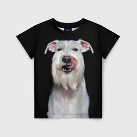 Детская футболка 3D с принтом Белый шнауцер в Курске, 100% гипоаллергенный полиэфир | прямой крой, круглый вырез горловины, длина до линии бедер, чуть спущенное плечо, ткань немного тянется | animal | background | beast | black | breed | cool | cute | dog | ears | fangs | jaw | look | muzzle | portrait | tongue | white | wool | белый | взгляд | животное | зверь | клыки | милый | пёс | порода | портрет | прикольно | псина | собака | уши