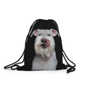 Рюкзак-мешок 3D с принтом Белый шнауцер в Курске, 100% полиэстер | плотность ткани — 200 г/м2, размер — 35 х 45 см; лямки — толстые шнурки, застежка на шнуровке, без карманов и подкладки | Тематика изображения на принте: animal | background | beast | black | breed | cool | cute | dog | ears | fangs | jaw | look | muzzle | portrait | tongue | white | wool | белый | взгляд | животное | зверь | клыки | милый | пёс | порода | портрет | прикольно | псина | собака | уши