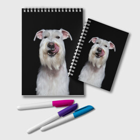 Блокнот с принтом Белый шнауцер в Курске, 100% бумага | 48 листов, плотность листов — 60 г/м2, плотность картонной обложки — 250 г/м2. Листы скреплены удобной пружинной спиралью. Цвет линий — светло-серый
 | Тематика изображения на принте: animal | background | beast | black | breed | cool | cute | dog | ears | fangs | jaw | look | muzzle | portrait | tongue | white | wool | белый | взгляд | животное | зверь | клыки | милый | пёс | порода | портрет | прикольно | псина | собака | уши