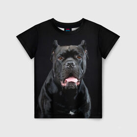 Детская футболка 3D с принтом Черный кан - корсо в Курске, 100% гипоаллергенный полиэфир | прямой крой, круглый вырез горловины, длина до линии бедер, чуть спущенное плечо, ткань немного тянется | animal | background | beast | black | breed | can   corso | cool | cute | dog | ears | fangs | jaw | look | muzzle | portrait | tongue | wool | взгляд | животное | зверь | кан   корсо | клыки | милый | пёс | порода | портрет | прикольно | псина | 