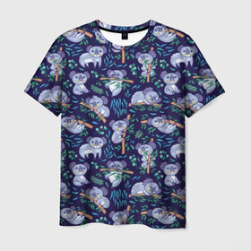 Мужская футболка 3D с принтом Фиолетовые коалы в Курске, 100% полиэфир | прямой крой, круглый вырез горловины, длина до линии бедер | animal | australia | baby | bear | blue | color | cute | exotic | green | illustration | koala | pattern | purple | vector | young | австралия | вектор | ветка | детеныш | животное | зеленый | иллюстрация | коала | листья | малыш | медведь | мил