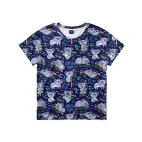 Детская футболка 3D с принтом Фиолетовые коалы в Курске, 100% гипоаллергенный полиэфир | прямой крой, круглый вырез горловины, длина до линии бедер, чуть спущенное плечо, ткань немного тянется | animal | australia | baby | bear | blue | color | cute | exotic | green | illustration | koala | pattern | purple | vector | young | австралия | вектор | ветка | детеныш | животное | зеленый | иллюстрация | коала | листья | малыш | медведь | мил