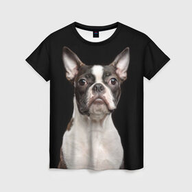 Женская футболка 3D с принтом Бостонский терьер в Курске, 100% полиэфир ( синтетическое хлопкоподобное полотно) | прямой крой, круглый вырез горловины, длина до линии бедер | animal | background | beast | black | boston | breed | color | cool | cute | dog | ears | jaw | look | muzzle | pet | portrait | terrier | white | wool | белый | бостон | взгляд | животное | зверь | милый | пёс | питомец | порода | портрет | прико