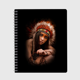 Тетрадь с принтом Индейская девушка в Курске, 100% бумага | 48 листов, плотность листов — 60 г/м2, плотность картонной обложки — 250 г/м2. Листы скреплены сбоку удобной пружинной спиралью. Уголки страниц и обложки скругленные. Цвет линий — светло-серый
 | american | beauty | body | costume | dark | ethnic | face | girl | hair | look | national | nature | race | shaman | взгляд | волосы | девушка | женщина | индейский | индейцы | кор | костюм | краснокожий | красный | красота | лицо | ловец снов | макияж | 