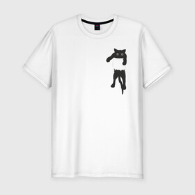 Мужская футболка хлопок Slim с принтом Кися в кармане в Курске, 92% хлопок, 8% лайкра | приталенный силуэт, круглый вырез ворота, длина до линии бедра, короткий рукав | Тематика изображения на принте: cat | арт | животные | карман | кися | кот | кот в кармане | котенок | коты | кошка
