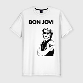 Мужская футболка хлопок Slim с принтом Bon Jovi в Курске, 92% хлопок, 8% лайкра | приталенный силуэт, круглый вырез ворота, длина до линии бедра, короткий рукав | bon jovi | альбом | арена | бон | бон джови | глэм | группа | джови | джон | метал | музыка | надпись | песни | поп | попрок | рок | рокер | смайл | солист | софт | стена | хард | хеви | хевиметал