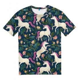 Мужская футболка 3D с принтом Единороги в Курске, 100% полиэфир | прямой крой, круглый вырез горловины, длина до линии бедер | бутоны | грива | единорог | конь | лошадка | лошадь | луг | паттерн | поле | растения | цветы