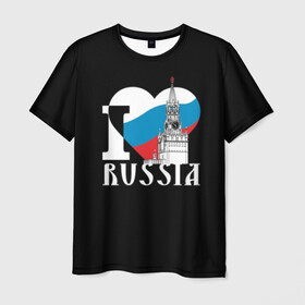 Мужская футболка 3D с принтом Я люблю Россию в Курске, 100% полиэфир | прямой крой, круглый вырез горловины, длина до линии бедер | black | blue | clock | flag | heart | homeland | kremlin | moscow | patriot | patriotism | red | red square | russia | slogan | text | tower | white | башня | белый | красная площадь | красный | кремль | лозунг | москва | патриот | патриотизм | родина | р