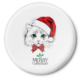 Значок с принтом Рождественский котик в Курске,  металл | круглая форма, металлическая застежка в виде булавки | Тематика изображения на принте: 