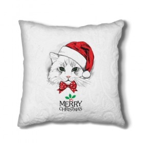Подушка 3D с принтом Рождественский котик в Курске, наволочка – 100% полиэстер, наполнитель – холлофайбер (легкий наполнитель, не вызывает аллергию). | состоит из подушки и наволочки. Наволочка на молнии, легко снимается для стирки | 