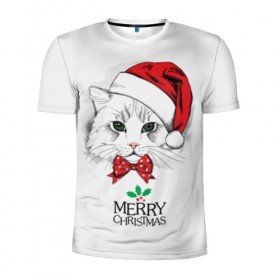 Мужская футболка 3D спортивная с принтом Рождественский котик в Курске, 100% полиэстер с улучшенными характеристиками | приталенный силуэт, круглая горловина, широкие плечи, сужается к линии бедра | 