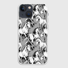 Чехол для iPhone 13 mini с принтом Белые лошади в Курске,  |  | animal | black | cool | gray | hooves | horse | illustration | mane | mustang | muzzle | running | speed | tail | white | бег | белый | грива | животное | иллюстрация | копыта | лошадь | мустанг | прикольно | серый | скорость | хвост | черный