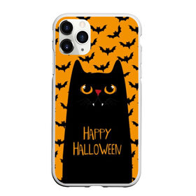 Чехол для iPhone 11 Pro Max матовый с принтом Happy Halloween в Курске, Силикон |  | Тематика изображения на принте: autumn | bat | black | cat | eyes | fangs | halloween | holiday | horror | horrors | mouse | yellow | глаза | желтый | жуть | клыки | кот | летучая | мышь | осень | праздник | ужасы | хэллоуин | черный