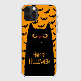 Чехол для iPhone 12 Pro Max с принтом Happy Halloween в Курске, Силикон |  | Тематика изображения на принте: autumn | bat | black | cat | eyes | fangs | halloween | holiday | horror | horrors | mouse | yellow | глаза | желтый | жуть | клыки | кот | летучая | мышь | осень | праздник | ужасы | хэллоуин | черный