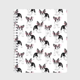 Тетрадь с принтом Французские бульдоги в очках в Курске, 100% бумага | 48 листов, плотность листов — 60 г/м2, плотность картонной обложки — 250 г/м2. Листы скреплены сбоку удобной пружинной спиралью. Уголки страниц и обложки скругленные. Цвет линий — светло-серый
 | Тематика изображения на принте: black | breed | cool | cute | dog | french bulldog | pink | puppy | white | белый | мило | очки | пёс | порода | прикольный | псина | розовый | собака | французский бульдог | черный | щенок