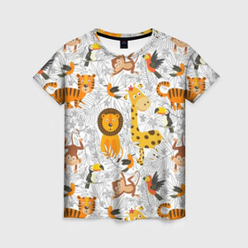 Женская футболка 3D с принтом Тропические животные в Курске, 100% полиэфир ( синтетическое хлопкоподобное полотно) | прямой крой, круглый вырез горловины, длина до линии бедер | bananas | bird | brown | fauna | flora | giraffe | jungle | monkey | nature | parrot | red | tiger | tropics | white | wild | yellow | бананы | белый | джунгли | дикая | желтый | жираф | коричневый | красный | обезьяна | попугай | природа | птица | тигр |