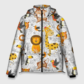 Мужская зимняя куртка 3D с принтом Тропические животные в Курске, верх — 100% полиэстер; подкладка — 100% полиэстер; утеплитель — 100% полиэстер | длина ниже бедра, свободный силуэт Оверсайз. Есть воротник-стойка, отстегивающийся капюшон и ветрозащитная планка. 

Боковые карманы с листочкой на кнопках и внутренний карман на молнии. | bananas | bird | brown | fauna | flora | giraffe | jungle | monkey | nature | parrot | red | tiger | tropics | white | wild | yellow | бананы | белый | джунгли | дикая | желтый | жираф | коричневый | красный | обезьяна | попугай | природа | птица | тигр |