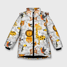 Зимняя куртка для девочек 3D с принтом Тропические животные в Курске, ткань верха — 100% полиэстер; подклад — 100% полиэстер, утеплитель — 100% полиэстер. | длина ниже бедра, удлиненная спинка, воротник стойка и отстегивающийся капюшон. Есть боковые карманы с листочкой на кнопках, утяжки по низу изделия и внутренний карман на молнии. 

Предусмотрены светоотражающий принт на спинке, радужный светоотражающий элемент на пуллере молнии и на резинке для утяжки. | bananas | bird | brown | fauna | flora | giraffe | jungle | monkey | nature | parrot | red | tiger | tropics | white | wild | yellow | бананы | белый | джунгли | дикая | желтый | жираф | коричневый | красный | обезьяна | попугай | природа | птица | тигр |