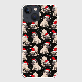 Чехол для iPhone 13 mini с принтом Новогодние мопсы в Курске,  |  | black | christmas | cute | dog | funny | hat | new year | pug | puppy | red | snow | white | winter | белый | зима | красный | мило | мопс | новогодний | новый год | пёс | прикольно | рождество | снег | собака | собакен | чёрный | шапка | щенок