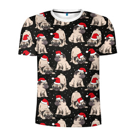 Мужская футболка 3D спортивная с принтом Новогодние мопсы в Курске, 100% полиэстер с улучшенными характеристиками | приталенный силуэт, круглая горловина, широкие плечи, сужается к линии бедра | Тематика изображения на принте: black | christmas | cute | dog | funny | hat | new year | pug | puppy | red | snow | white | winter | белый | зима | красный | мило | мопс | новогодний | новый год | пёс | прикольно | рождество | снег | собака | собакен | чёрный | шапка | щенок