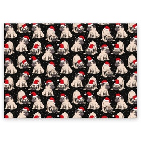 Поздравительная открытка с принтом Новогодние мопсы в Курске, 100% бумага | плотность бумаги 280 г/м2, матовая, на обратной стороне линовка и место для марки
 | black | christmas | cute | dog | funny | hat | new year | pug | puppy | red | snow | white | winter | белый | зима | красный | мило | мопс | новогодний | новый год | пёс | прикольно | рождество | снег | собака | собакен | чёрный | шапка | щенок