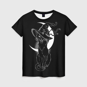 Женская футболка 3D с принтом Кошка колдунья в Курске, 100% полиэфир ( синтетическое хлопкоподобное полотно) | прямой крой, круглый вырез горловины, длина до линии бедер | Тематика изображения на принте: black | cat | cl | crescent | fangs | halloween | hat | holiday | hunter | kitty | magic | month | moon | mystic | night | predator | white | witch | белый | ведьма | киса | клыки | когти | колдовство | кот | котэ | кошка | луна | магия | месяц | мистика 