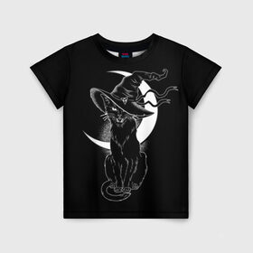 Детская футболка 3D с принтом Кошка колдунья в Курске, 100% гипоаллергенный полиэфир | прямой крой, круглый вырез горловины, длина до линии бедер, чуть спущенное плечо, ткань немного тянется | Тематика изображения на принте: black | cat | cl | crescent | fangs | halloween | hat | holiday | hunter | kitty | magic | month | moon | mystic | night | predator | white | witch | белый | ведьма | киса | клыки | когти | колдовство | кот | котэ | кошка | луна | магия | месяц | мистика 