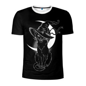 Мужская футболка 3D спортивная с принтом Кошка колдунья в Курске, 100% полиэстер с улучшенными характеристиками | приталенный силуэт, круглая горловина, широкие плечи, сужается к линии бедра | black | cat | cl | crescent | fangs | halloween | hat | holiday | hunter | kitty | magic | month | moon | mystic | night | predator | white | witch | белый | ведьма | киса | клыки | когти | колдовство | кот | котэ | кошка | луна | магия | месяц | мистика 