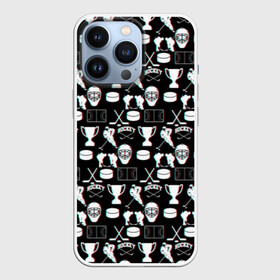 Чехол для iPhone 13 Pro с принтом ХОККЕЙ GLITCH в Курске,  |  | black and white | hockey | pattern | russia | sport | глитч | надписи | паттерн | россия | сборная хоккея | символика | спорт | спортсмен | текстура | хоккей | чемпионат | черно белый | я русский