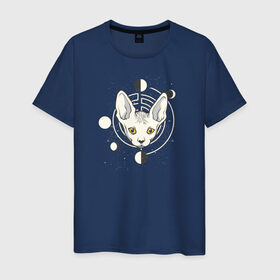 Мужская футболка хлопок с принтом Кот с Лунами в Курске, 100% хлопок | прямой крой, круглый вырез горловины, длина до линии бедер, слегка спущенное плечо. | астрология | астрономия | космос | кот | котики | коты | луна | луны | сфинкс