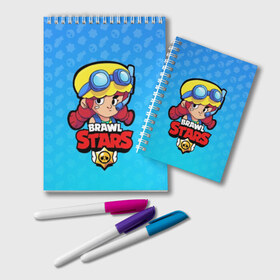 Блокнот с принтом Jessie - BRAWL STARS в Курске, 100% бумага | 48 листов, плотность листов — 60 г/м2, плотность картонной обложки — 250 г/м2. Листы скреплены удобной пружинной спиралью. Цвет линий — светло-серый
 | brawl | bull | colt | crow | el primo | game | games | jessie | leon | moba | online | penny | poco | shelly | spike | star | stars | wanted | брав | бравл | браво | звезда | звезды | игра | игры | лого | моба | онлайн | старс