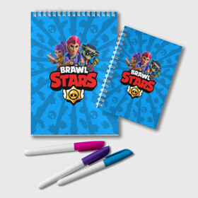 Блокнот с принтом BRAWL STARS в Курске, 100% бумага | 48 листов, плотность листов — 60 г/м2, плотность картонной обложки — 250 г/м2. Листы скреплены удобной пружинной спиралью. Цвет линий — светло-серый
 | android | brawl stars | bull | colt | games | mobile game | stars | берли | бо | брок | ворон | джесси | динамайк | дэррил | игры | кольт | леон | мобильные игры | мортис | нита | пайпер | пенни | поко | пэм | рикошет | спайк | тара | фрэн